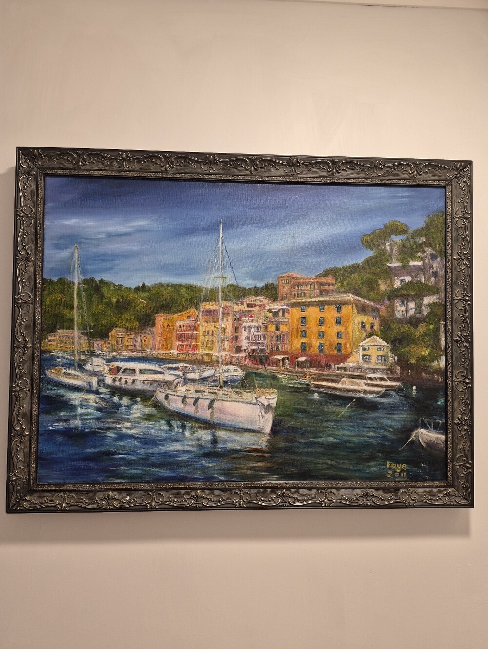 Original 18 X 24 Italian Amalfi Coastal Village Sailboat Landscape Oil Painting